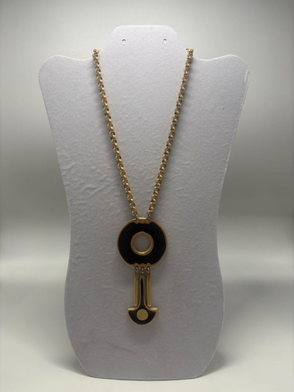 Vintage 1980s Black/Gold Enamel Modernist Pendant Necklace